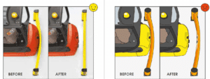 Comparison of correct and incorrect safety bar repairs on construction machinery, showing straight bar repair as correct and bent bar repair as incorrect.