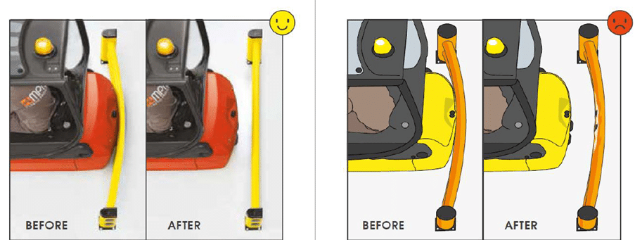 Comparison of correct and incorrect safety bar repairs on construction machinery, showing straight bar repair as correct and bent bar repair as incorrect.