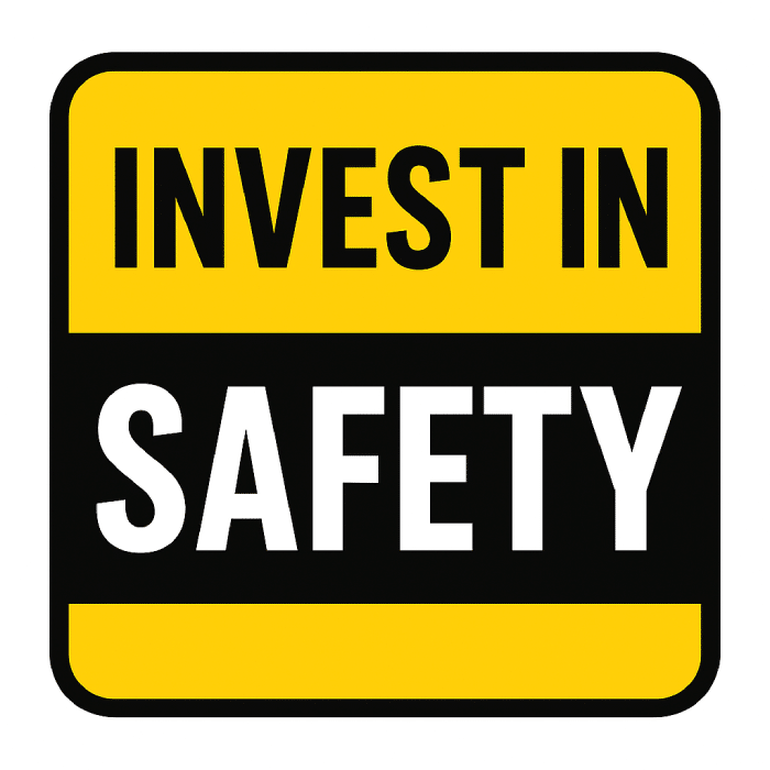 Yellow and black sign with the words “Invest in Safety.