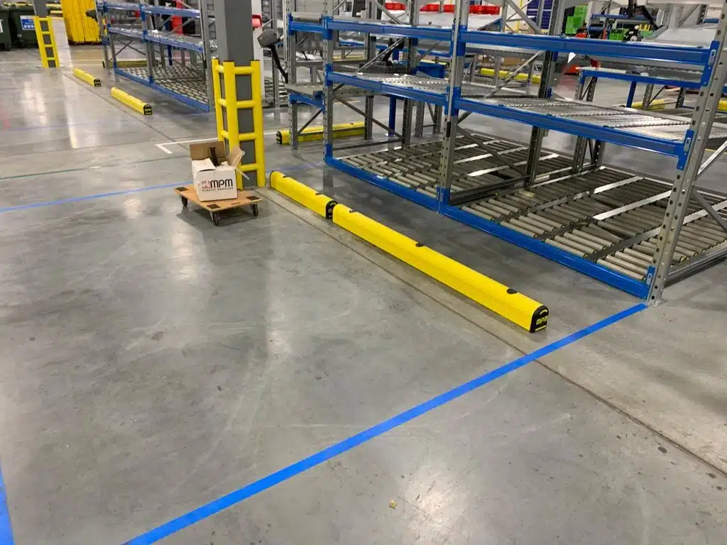 Warehouse with metal shelving units