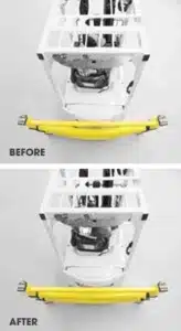 Split-view showing a yellow Deflex polymer barrier bending under forklift impact and immediately returning to its original straight shape.