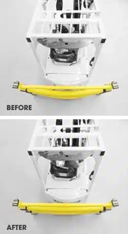 Split-view showing a yellow Deflex polymer barrier bending under forklift impact and immediately returning to its original straight shape.