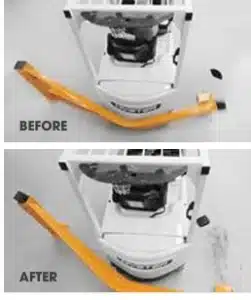 Comparison showing a permanently deformed metal barrier versus a flexible Deflex polymer barrier that returns to its original shape after a forklift impact.