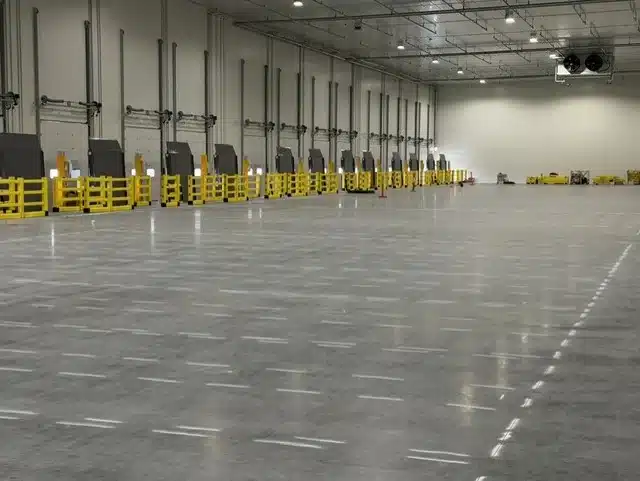Row of DEFLEX safety barriers protecting loading dock doors along a distribution centre wall